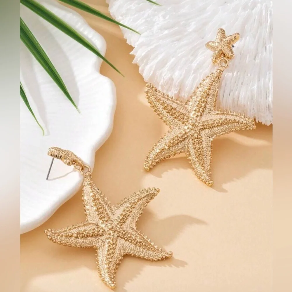 Fashion Statement Starfish Beach Ocean Gold Plated Dangle Drop Earrings
